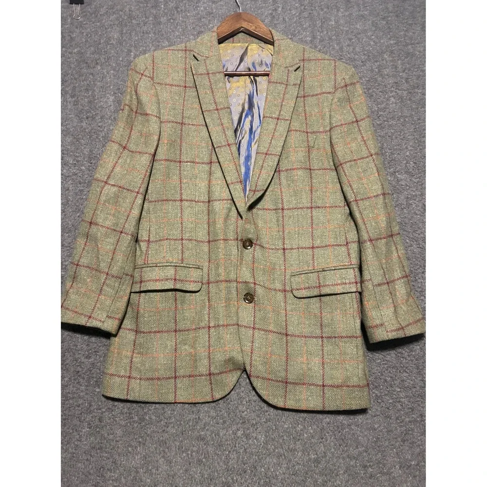 Samuel windsor british tweed blazer jacket mens windowpane green size 40 short